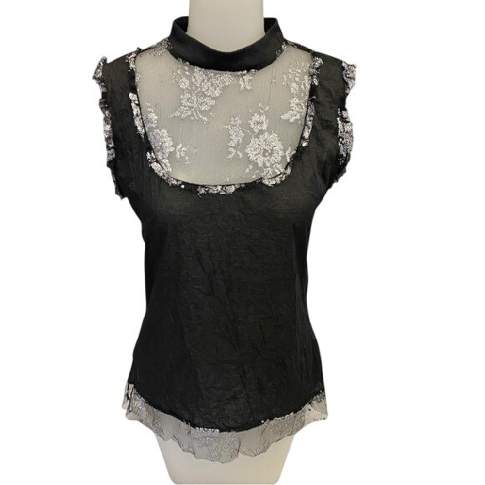 Vanity Sleeveless Y2K Top Festival Goblincore Black Silver‎ Floral Lace Medium